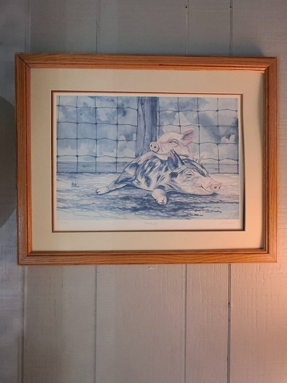 Vintage Picture of Pigs Laying down Sleeping Margaret M. Michel Signed 20 x 15